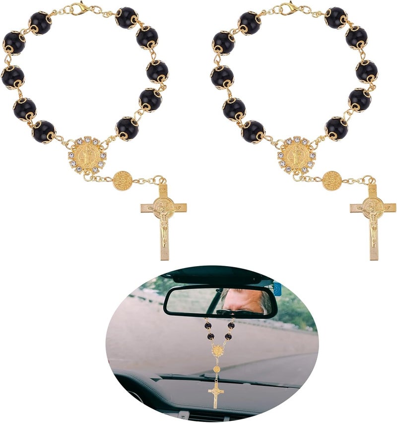 COBEE Car Rosary for Rearview Mirror, 2 Pieces Car Mirror Hanging Cross Auto Rosary Rear View Mirror Pendant Car Hanging Accessories Interior Decors for Women Men (Black Gold) - Image 1